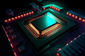 CPU with vibrant lights. Futuristic circuit board. Generative AI