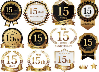 高級感のある15周年記念のエンブレムセット　ゴールド