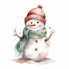 Funny Snowman in knitted hat and scarf on a White Background, Watercolor. Winter Clipart for celebration design, planner sticker, pattern, sublimation, greeting card for Christmas, XMas, New Year