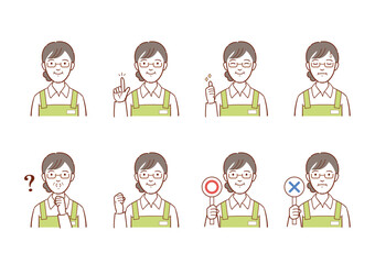 エプロンのユニフォーム姿のシニア女性イラスト　表情バリエーションセット