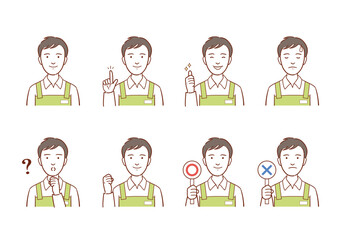 エプロンのユニフォーム姿の若い男性イラスト　表情バリエーションセット