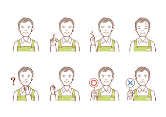 エプロンのユニフォーム姿のシニア男性イラスト　表情バリエーションセット