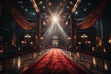 Red carped film premiere with lights. Glamour party award night concept. - obrazy, fototapety, plakaty