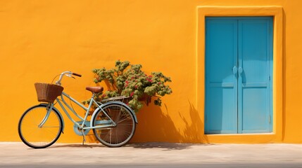 Fototapeta na wymiar Colorful house on the island with a bicycle close the entrance