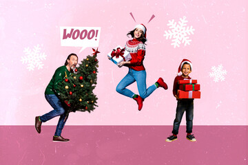 Artwork collage picture of funky people hold christmas evergreen tree giftbox flying snowflakes isolated on pink background