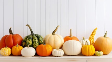 Cheerful Thanksgiving Foundation. Choice of different pumpkins on white rack against white divider. Cutting edge negligible harvest time motivated room enrichment - obrazy, fototapety, plakaty