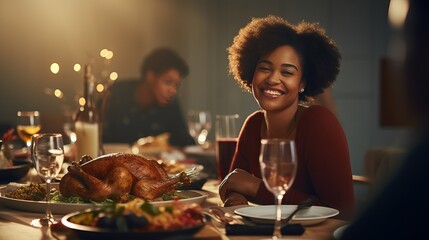 Cheerful African American develop lady carving turkey meat whereas having Thanksgiving supper with her family