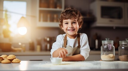 Charming clever light kid boy preparing biscuits in household kitchen. Child having fun with making a difference, sitting close ofen and holding up for cupcakes