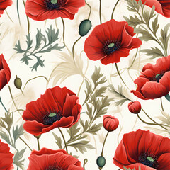 Red poppy flower watercolor illustration seamless collection. Red petals black stamens poppy flowers isolated on white. Meadow wild blossom set, field blooming plants clip art. Green buds and leaves