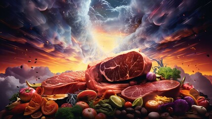 Crude meat, steak, veal filet, hamburger pork and sheep, lie on a cutting board in flavors, rosemary, thyme and marinade, foundation picture with duplicate space, beat see. concept of - obrazy, fototapety, plakaty