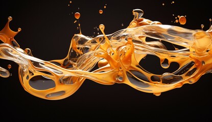 droplets of amber blowing the organic fluid on black background
