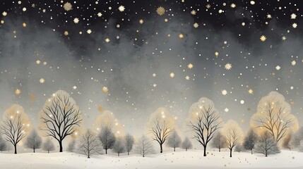 Stylish minimalistic Christmas background in gray with trees and snow in dark gray and gold tones. Copy space.