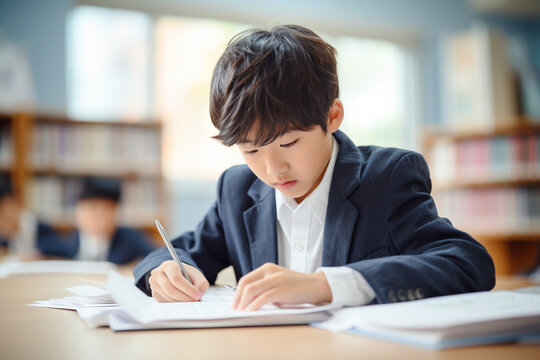 Japanese student boy doing his homework in the classroom at school
