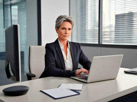 Mature businesswoman sitting at her desk in an office with a laptop.generated with ai