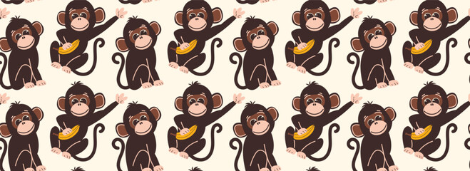 Seamless pattern with monkeys in flat style. Vector background with cute monkey characters with banana in hand. 