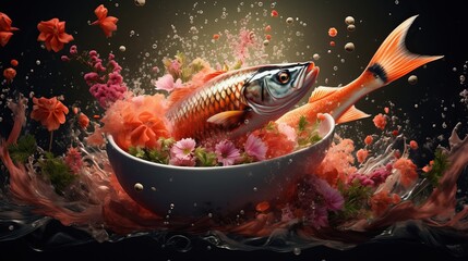 Hawaiian salmon angle jab bowl with rice, radish,cucumber, tomato, sesame seeds and ocean growth. Buddha bowl. Eat less nourishment. Best see. Level lay. Standard