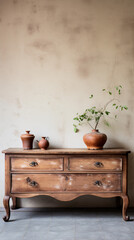 Wooden Dresser with Ceramic Knobs Against Concrete Wall