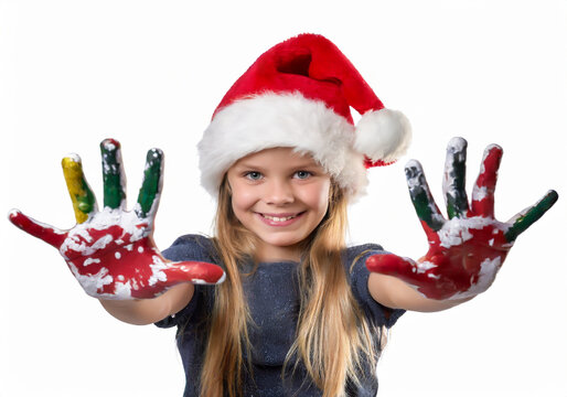 Portrait of a happy child, wearing a Santa hat, who plays with paint and shows his very dirty hands. AI Generative