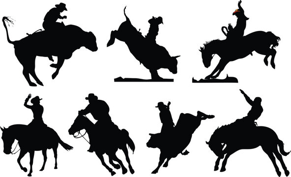 Seven rodeo silhouettes. Black and white Vector illustration