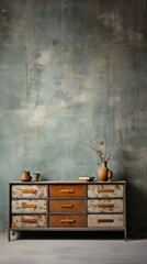 Wooden Dresser with Open Drawers and Concrete Wall