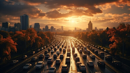 Cars on the highway in a traffic jam