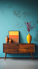 Colorful Accents on Wooden Dresser Against Concrete Wall