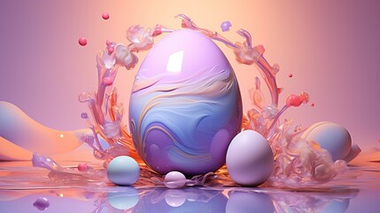 In vogue pastel pink Easter concept with coloured egg and reflect reflection. Fun, sentimental and negligible stylish