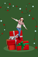 Vertical collage of excited funky mini girl stand big christmas festive giftbox dancing isolated on...