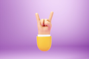 A cartoon image of a human hand showing the Rock and Roll sign on a purple background. Concept music, anarchy, protest, disagreement. Copy space, 3D illustration, 3D render.