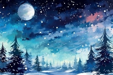 Abstract night winter background with watercolor Christmas theme. Generative AI