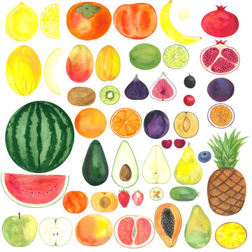 set hand drawn watercolor fruits, illustration for a farm shop or vegetable market, exotic fruits for a healthy diet