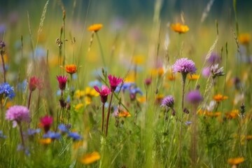 Close-up view of colorful spring wildflowers in the meadow. Generative AI