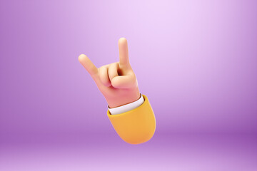 A cartoon image of a human hand showing the Rock and Roll sign on a purple background. Concept music, anarchy, protest, disagreement. Copy space, 3D illustration, 3D render. - obrazy, fototapety, plakaty
