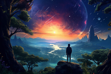 Anime Lofi Dreamscape: Silhouetted Man at Sunrise Over a Futuristic Jungle with Planets and Spaceships in a Fantasy World of Lofi Colors and Anime Style
