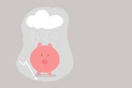 Piggy bank under rainy clouds against gray background