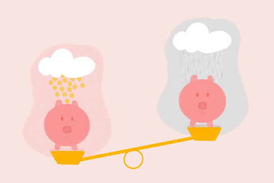 Piggy banks on weighing scale under clouds with gold coins and rain falling against pink background