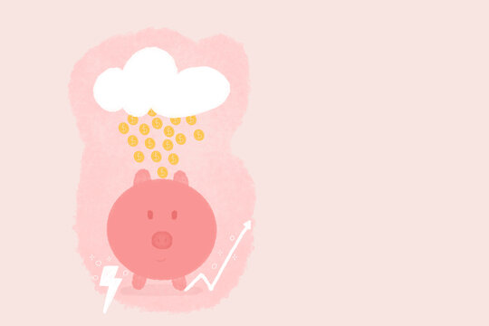 Piggy bank under gold coins falling from clouds against pink background