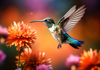 Obraz premium Hummingbird flying in the air next to a flower. AI generative