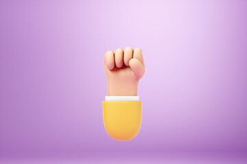 A cartoon image of a human hand clenched into a fist on a purple background. Concept of power, authority, protest, disagreement, objection. Copy space, 3D illustration, 3D render.
