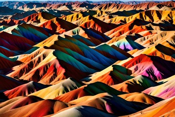 Showcase the vibrant colors and unique geological formations of the Rainbow Mountains in Zhangye Danxia, China, emphasizing the surreal landscape