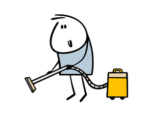 Funny boy helps parents to clean house. Stickman holds hose from vacuum cleaner and cleans floor or carpet. Vector illustration of housework and hardworking person. Cartoon isolated on white.