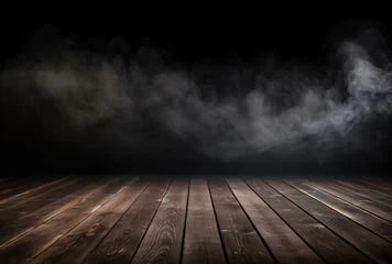 Gordijnen a wooden floor on a dark background with smoke, tabletop photography, hazy landscapes © IgnacioJulian