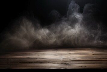 a wooden floor on a dark background with smoke, tabletop photography, hazy landscapes