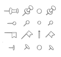 Set of doodles with a stationery pin. Hand drawn vector illustration. Navigation button. Paper fixing needles