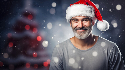portrait of a man in santa claus hat on bokeh background with christmas tree.