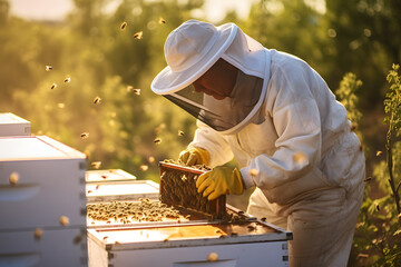 Honey Harvest. Beekeeper Collecting Honey from Hive Frames