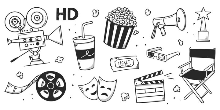 Cinema. Hand drawn doodle of movie camera, clapperboard, movie reel and cassette, popcorn in striped box, movie ticket and 3D glasses, director's chair, loudspeaker, drink with straw, masks.