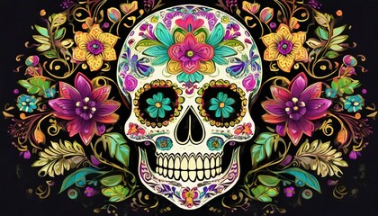 the Dead-inspired sugar skull illustration with ornate floral details