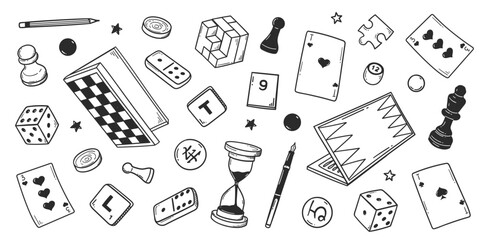 set of hand-drawn board games. sketch doodle of chess, checkers, go, dominoes, playing cards, scrabble, backgammon isolated on background.