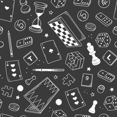 hand drawn board games pattern. sketch doodle of chess, checkers, go, dominoes, playing cards, scrabble, backgammon isolated on background.